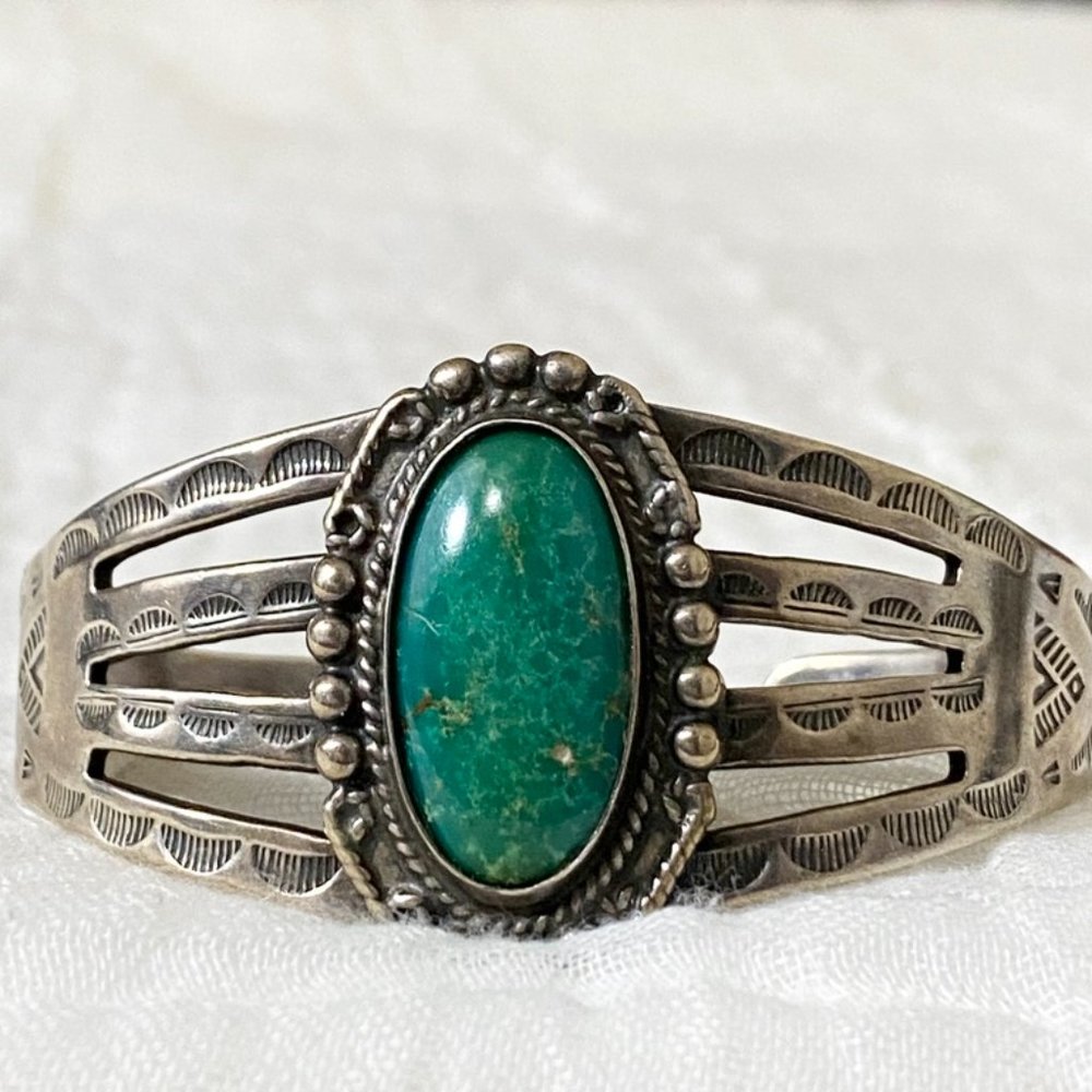 Fred Harvey Era Navajo Sterling Green Cuff Vintage - Picture 4 of 10